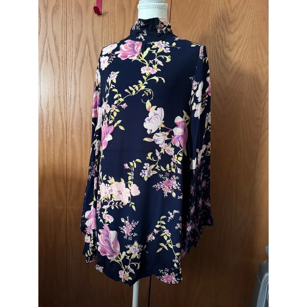 Free People Floral Open Back Mini Dress Navy Blue Bell Sleeve Mock Neck Small